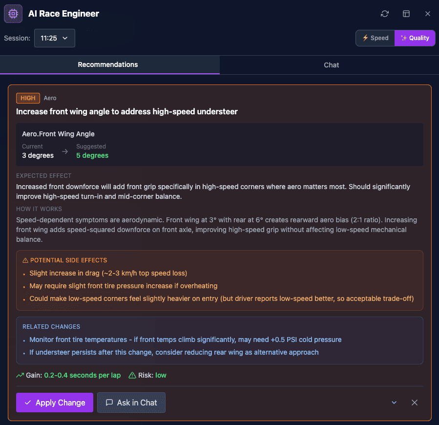 AI Race Engineer showing setup recommendations with expected effects and potential side effects