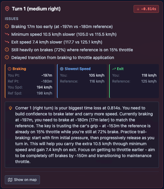 AI Driver Coach showing Turn 1 corner analysis with braking points, speed differentials, and detailed coaching advice