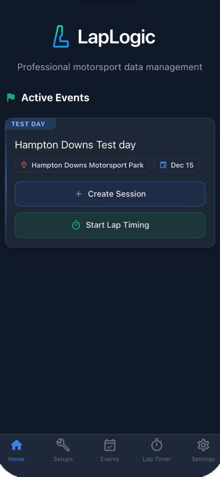 Laptica mobile app home screen showing recent sessions, lap times, and quick-start event creation