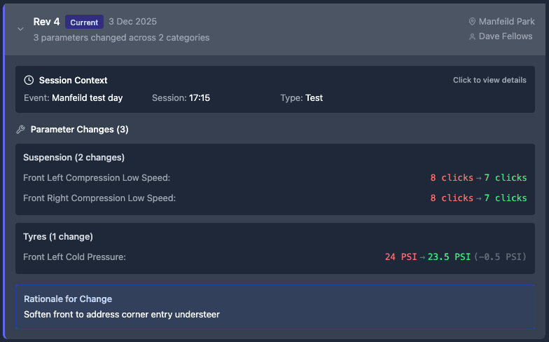 Setup revision history panel showing dated changes to ride-height and damper clicks