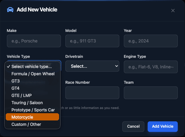 Vehicle profile screen with weight, gear ratios, and component configuration
