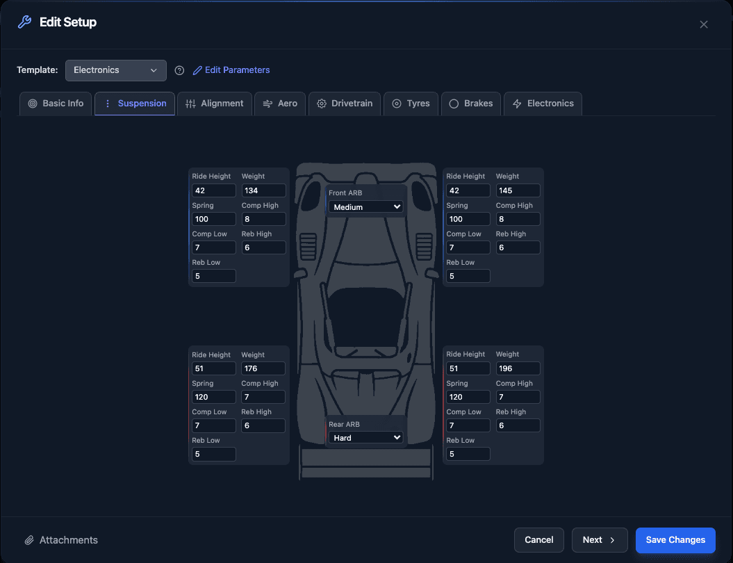 Car setup sheet in Laptica showing tyre pressures, dampers, and wing angles with version diff
