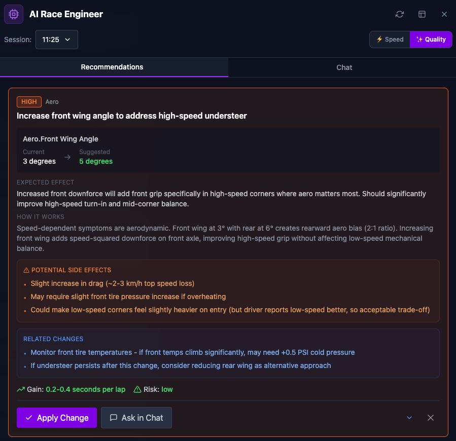 AI Race Engineer showing setup recommendations with expected effects and potential side effects