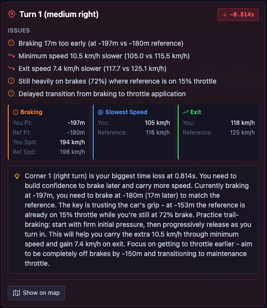 AI Driver Coach showing Turn 1 corner analysis with braking points, speed differentials, and detailed coaching advice